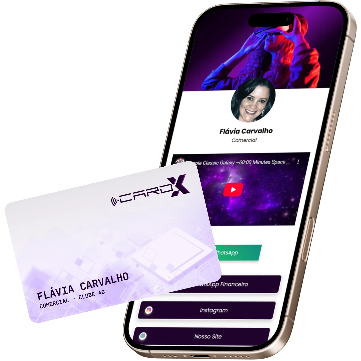 Cartão de visita digital CardX no celular com perfil editável