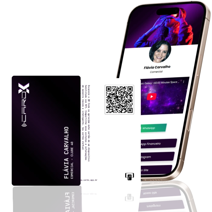 Cartão NFC CardX personalizado com QR Code e perfil digital