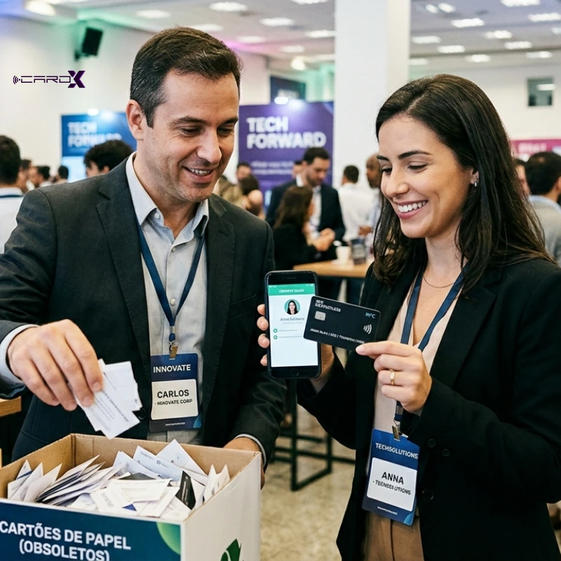 Cartão de visita NFC para empresas sendo usado em ambiente corporativo