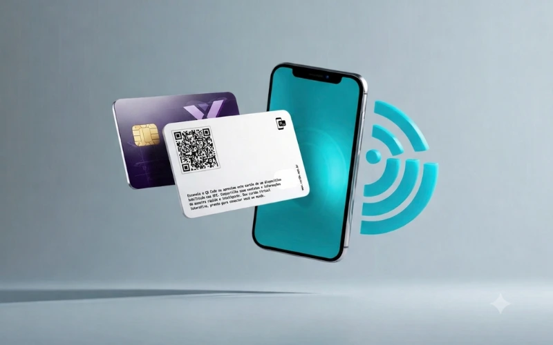 Cartão de visita NFC com QR Code sendo aproximado do celular