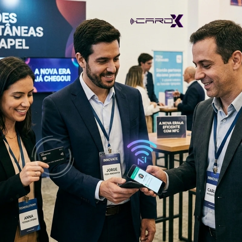 Equipe empresarial usando cartão NFC em reunião