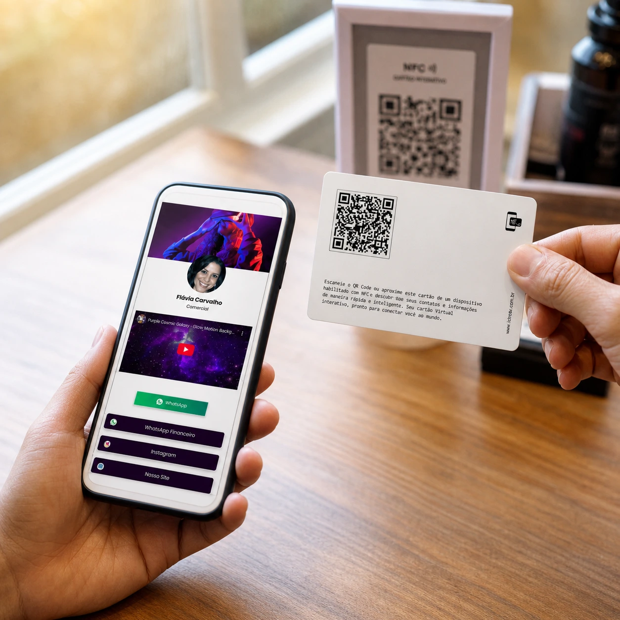 QR Code no cartão NFC levando ao perfil digital